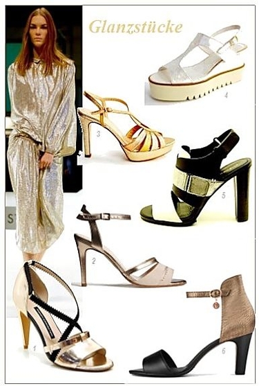 Sandaletten in Metallic-Nuancen: 1 French connection / 2 RosaRot / 3 weiss nicht/ 4 Clarks/ 5 ...../ 6 sOliver